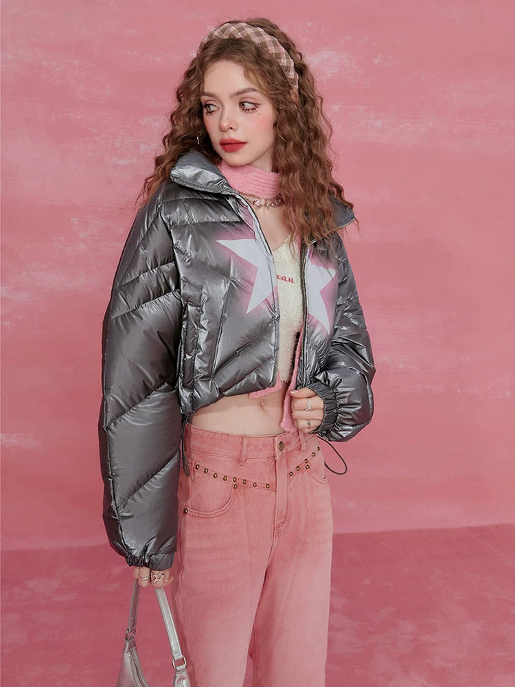 Star-Stitch Stand Neck Short White Duck Down Jacket
