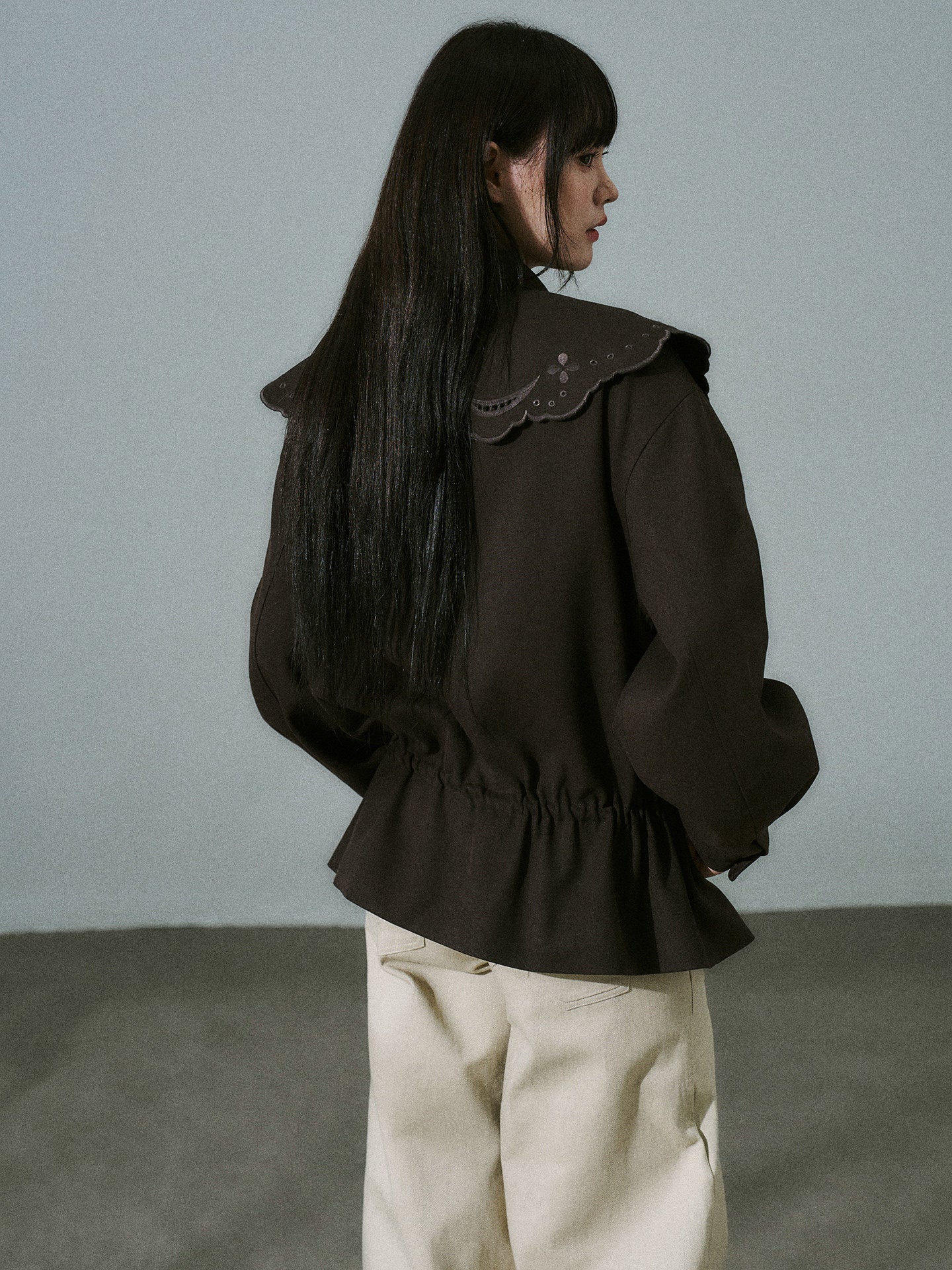 Embroidery Collar Drawstring Waist Double-Breasted Jacket