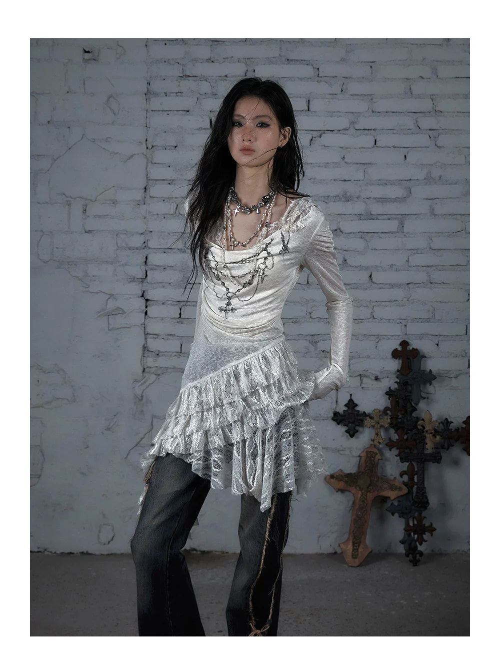 Lace Hooded Asymmetric Ruffle Dress
