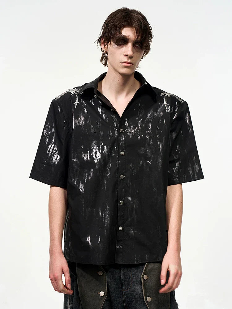 Snake Spine Beaded Foil Print Shoulder-pad Short Sleeve Shirt