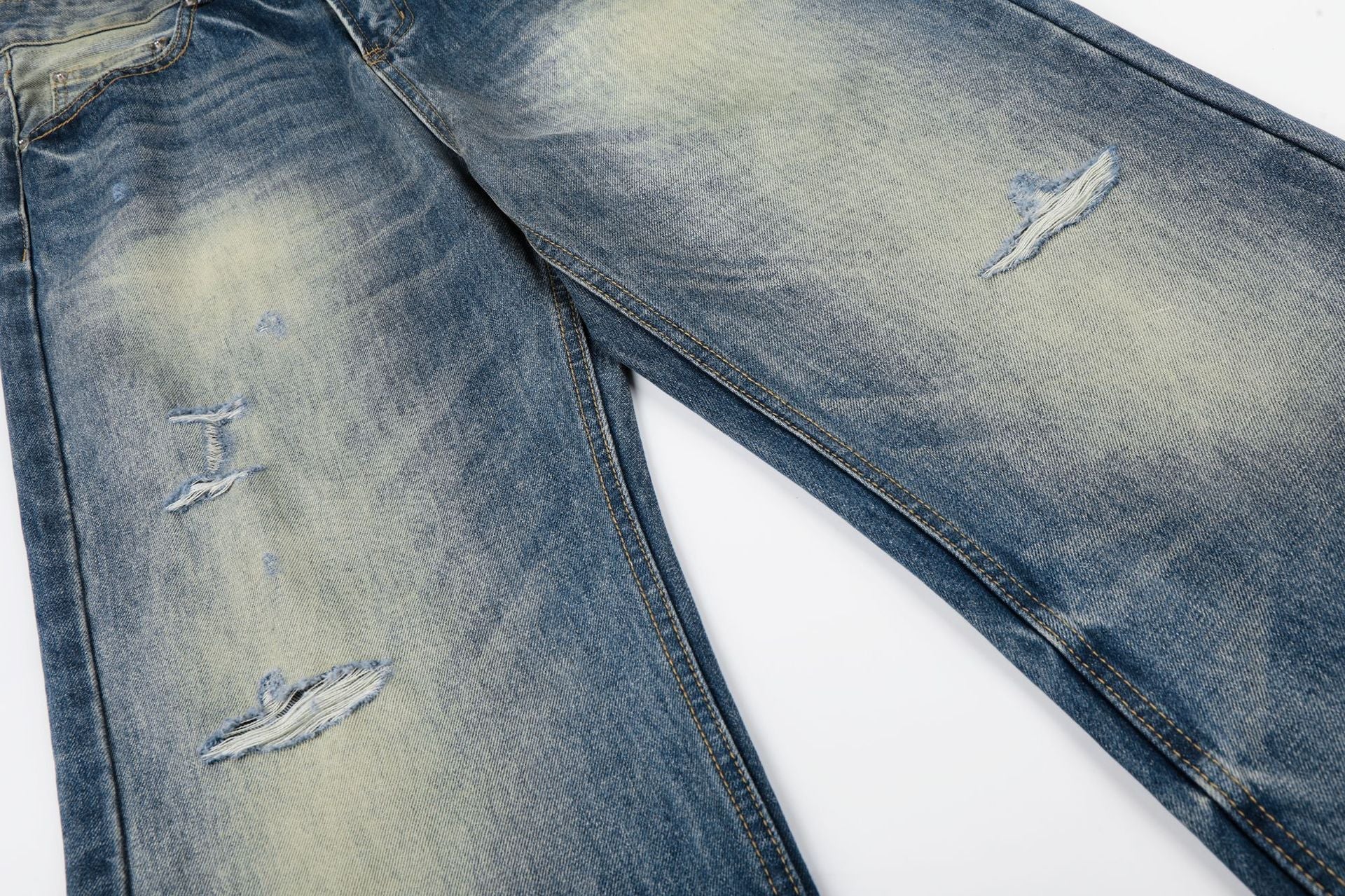 Washed Whisker Damage Wide Leg Denim Jeans