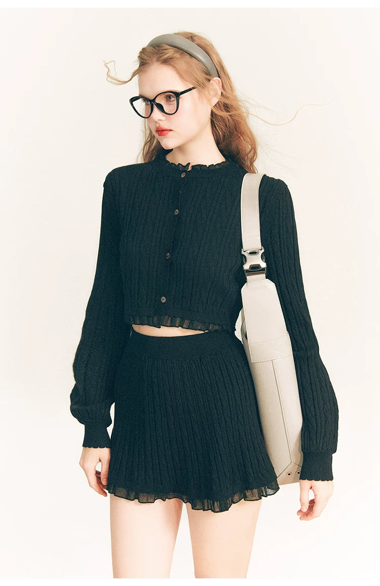 Tulip Button Knit Cardigan & Knit Short Skirt Setup