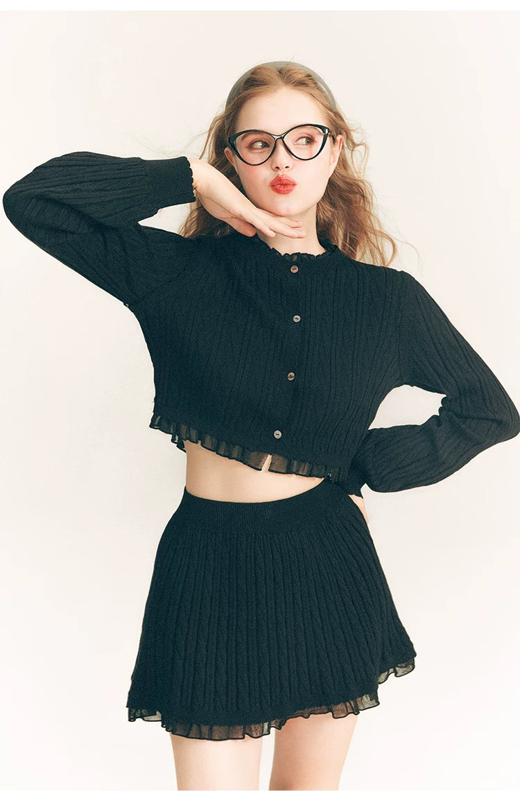 Tulip Button Knit Cardigan & Knit Short Skirt Setup