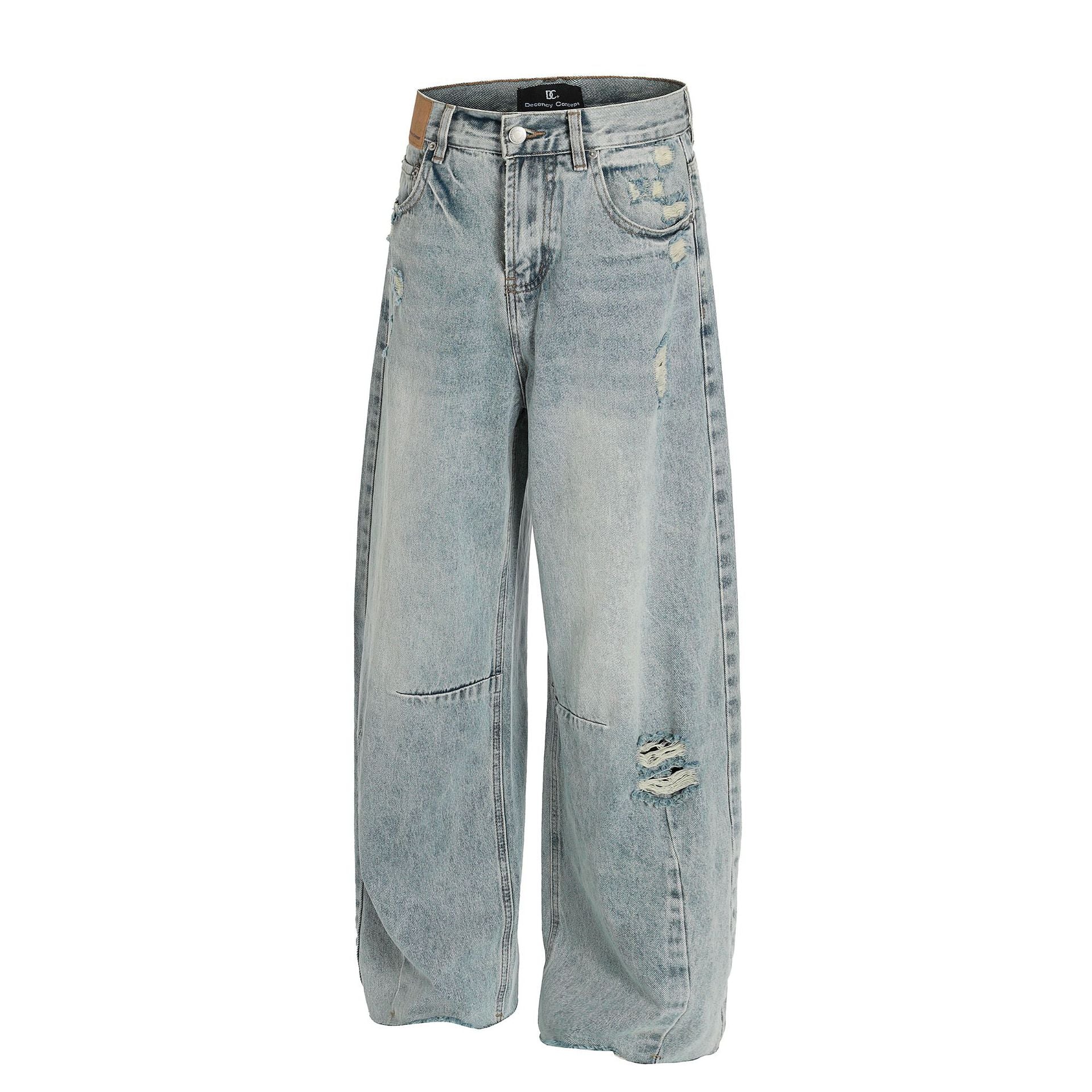 Wash Damage Wide Leg Curved Denim Jeans