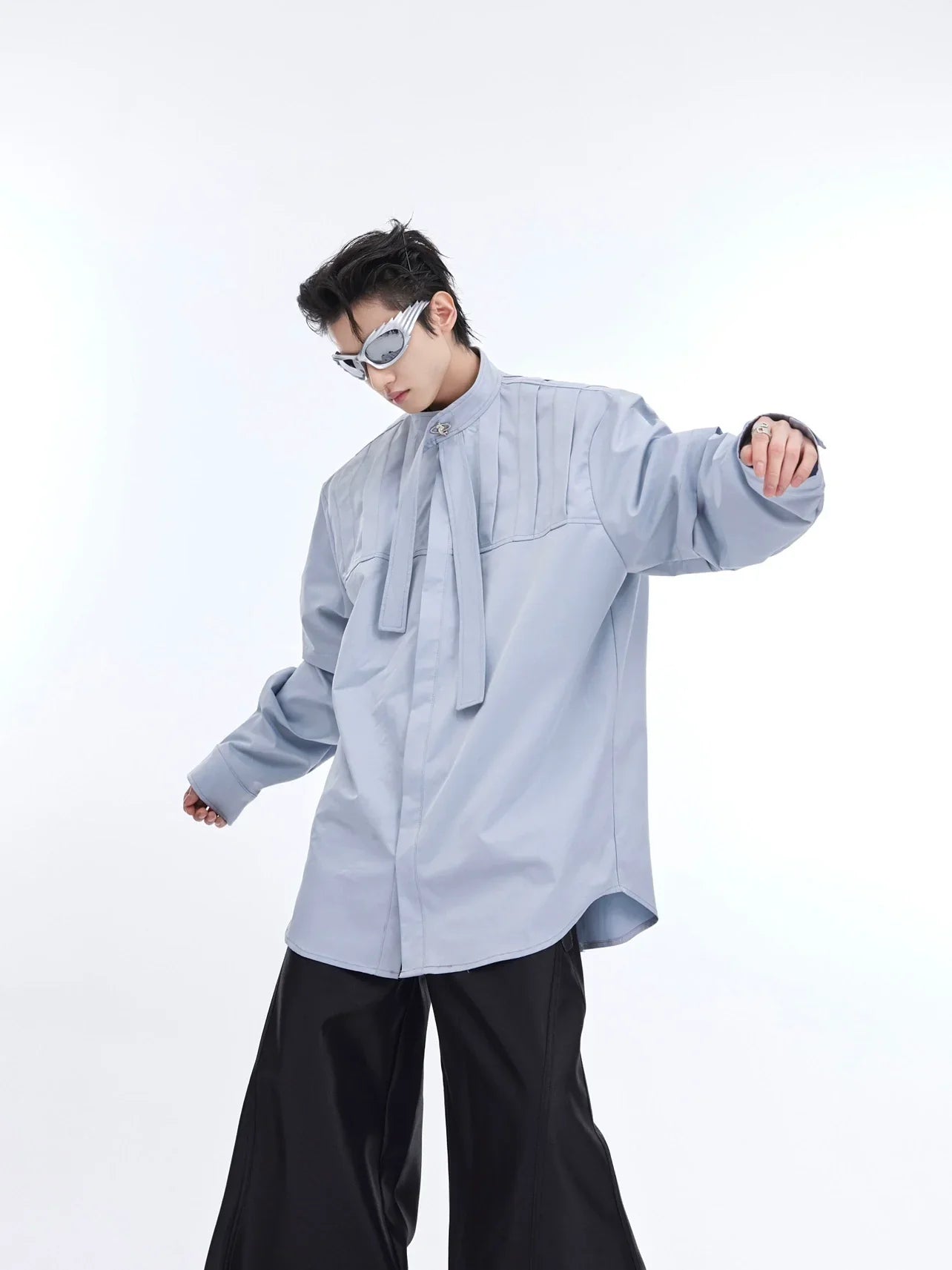 Ribbon Design Pleat Oversize Long Sleeve Shirt