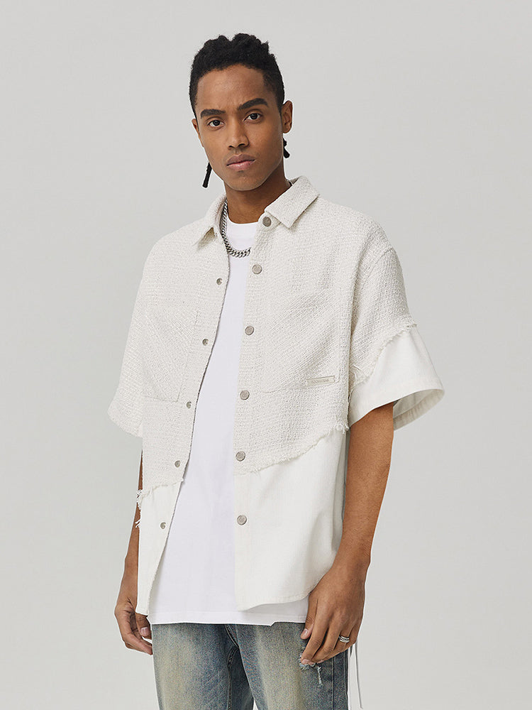 Tweed Style Patchwork Oversize Short Sleeve Shirt