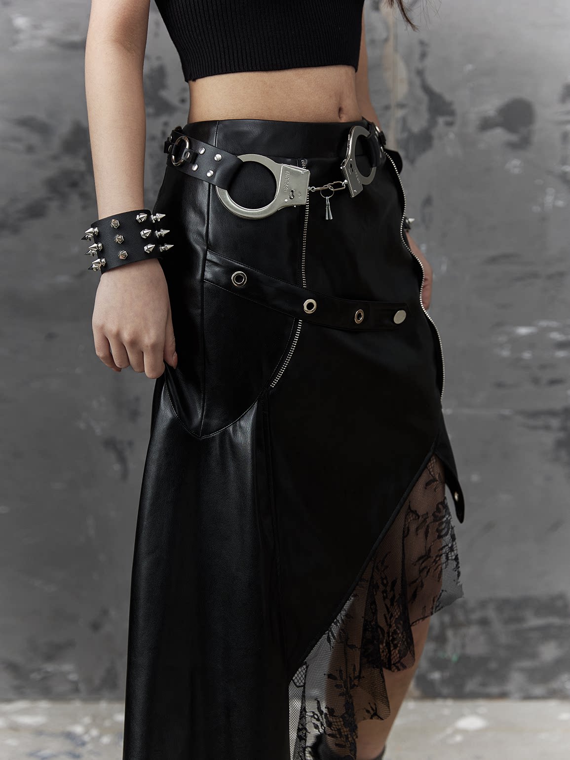 Asymmetric PU Leather Mesh Patchwork Skirt