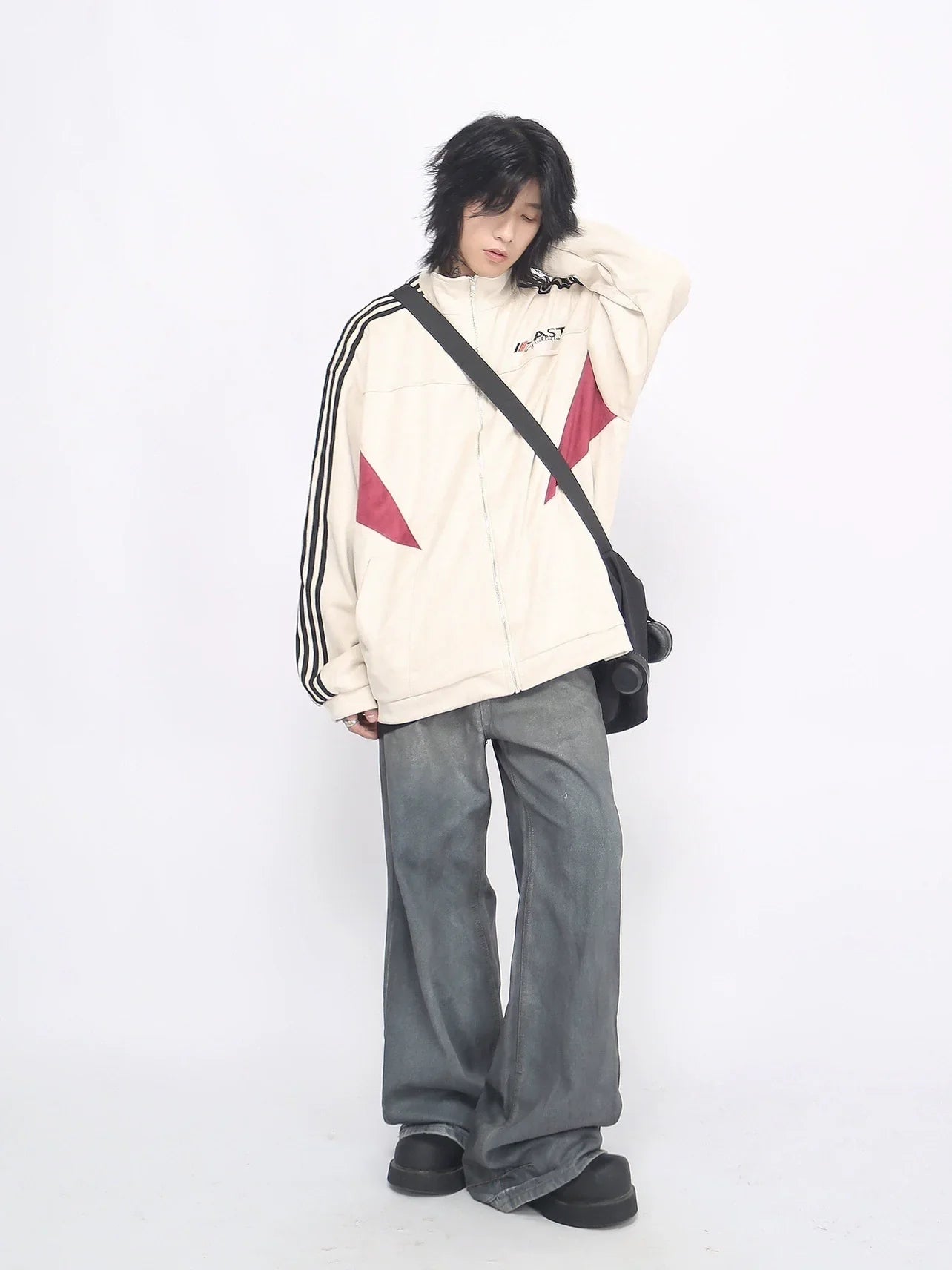 Striped Stand Neck Oversize Suede Truck Jacket