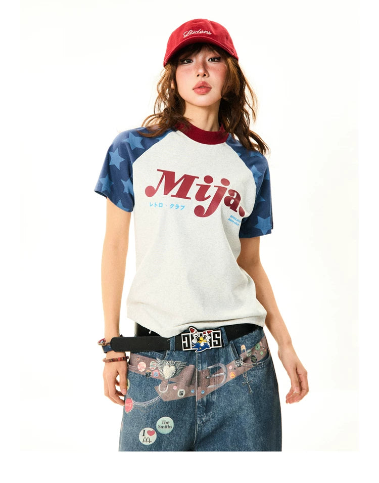Raglan Sleeve Letter Print Fitted Short Sleeve T-Shirt