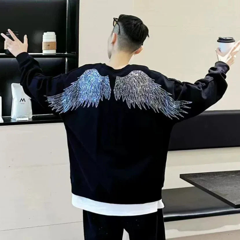 Rhinestone Wing Thick Oversize Long Sleeve Sweatshirt