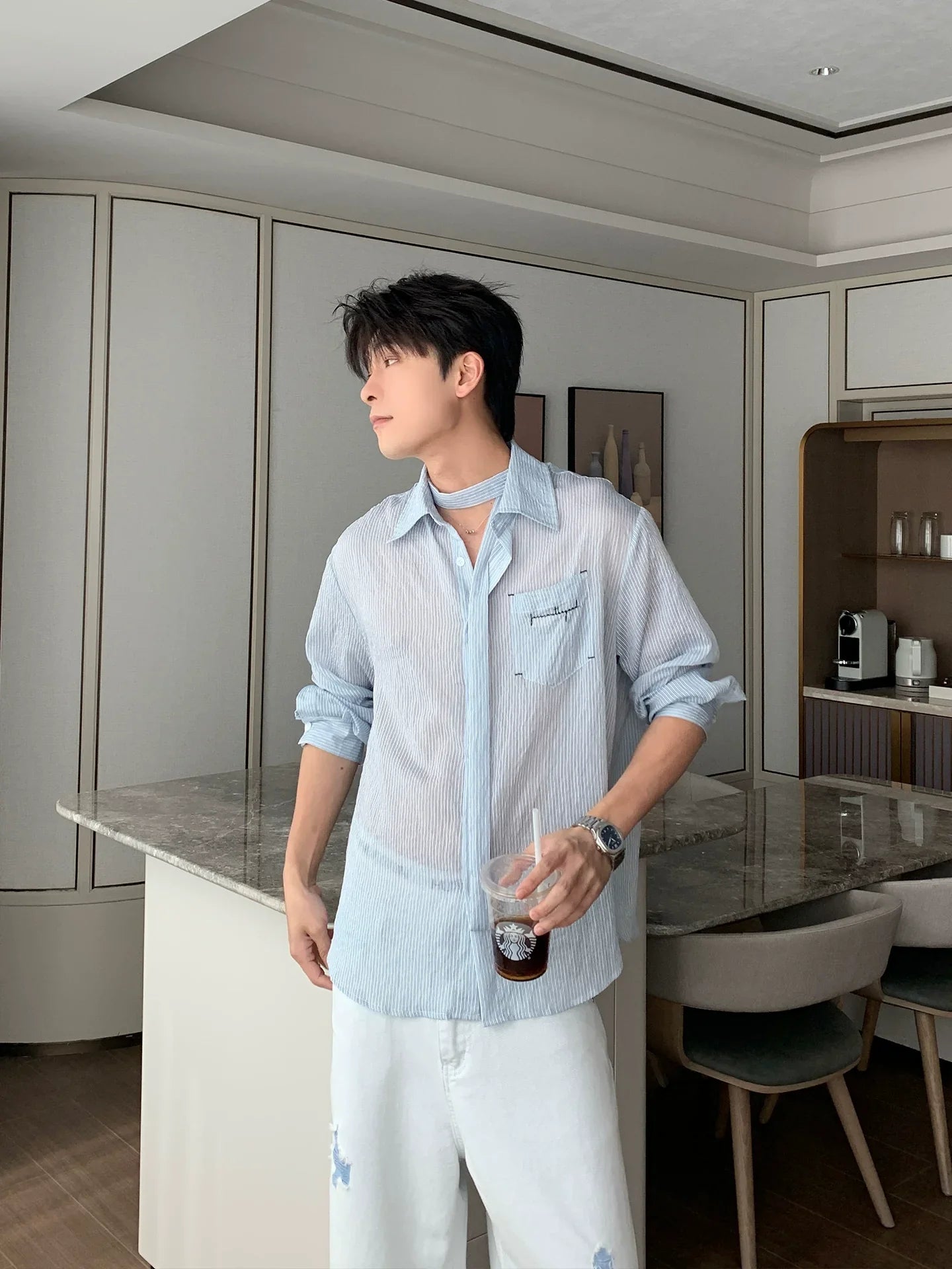 Thin Stripe Sunscreen Long Sleeve Shirt