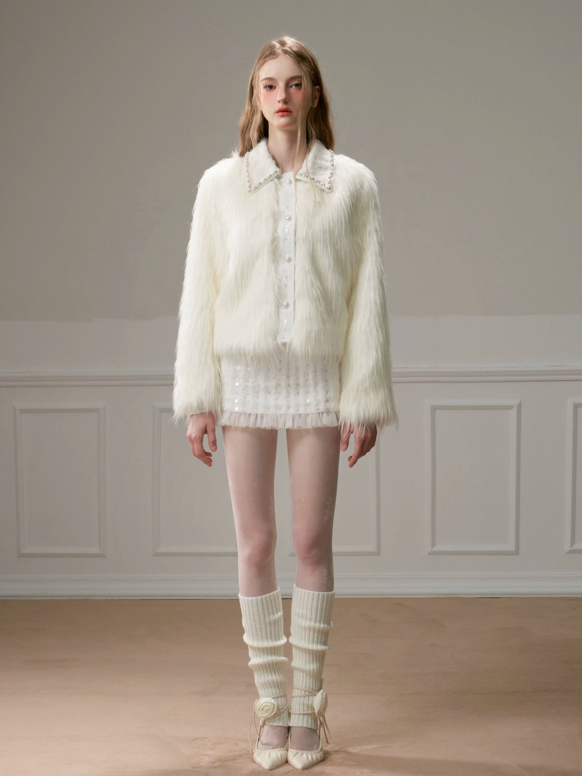 Eco Fur Warm Jacket & Short Skirt & Long Skirt Setup