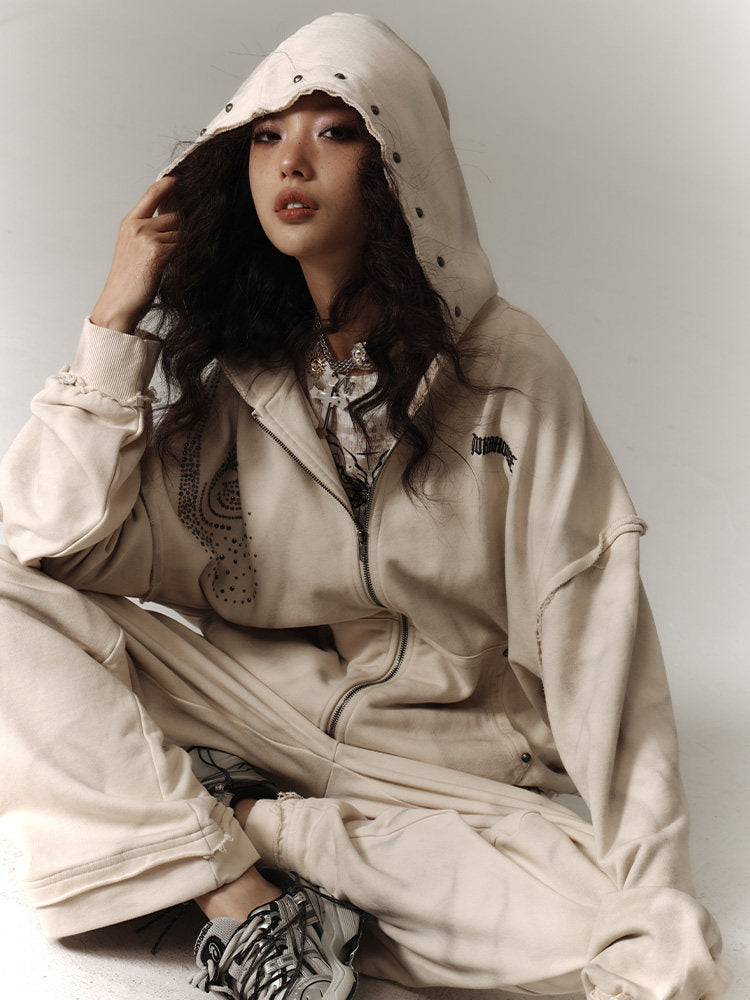 Washed Damage Oversize Zipper Hoodie & Wide Leg Pants Setup