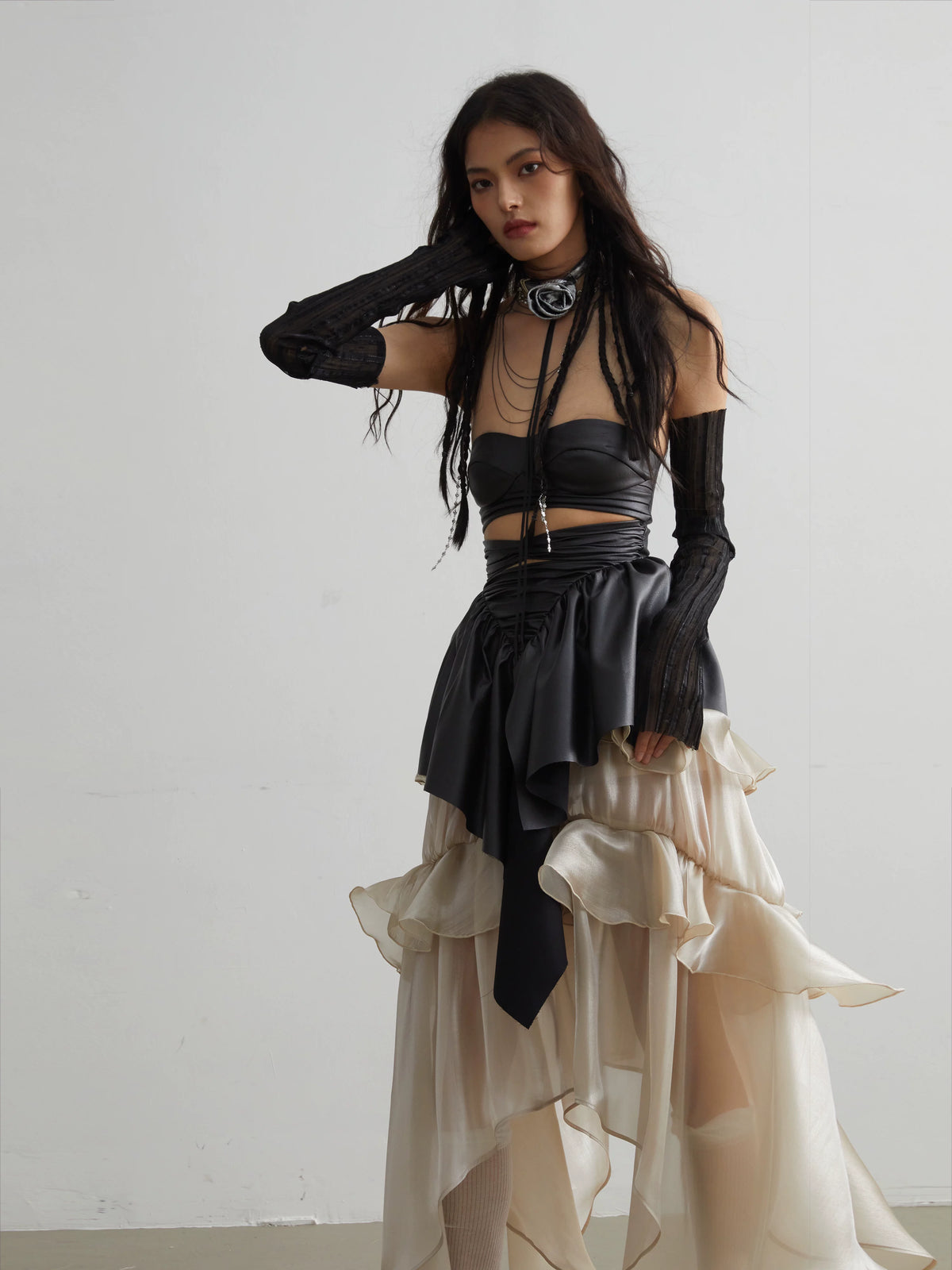 Glossy Layered Ruffle Edge Skirt