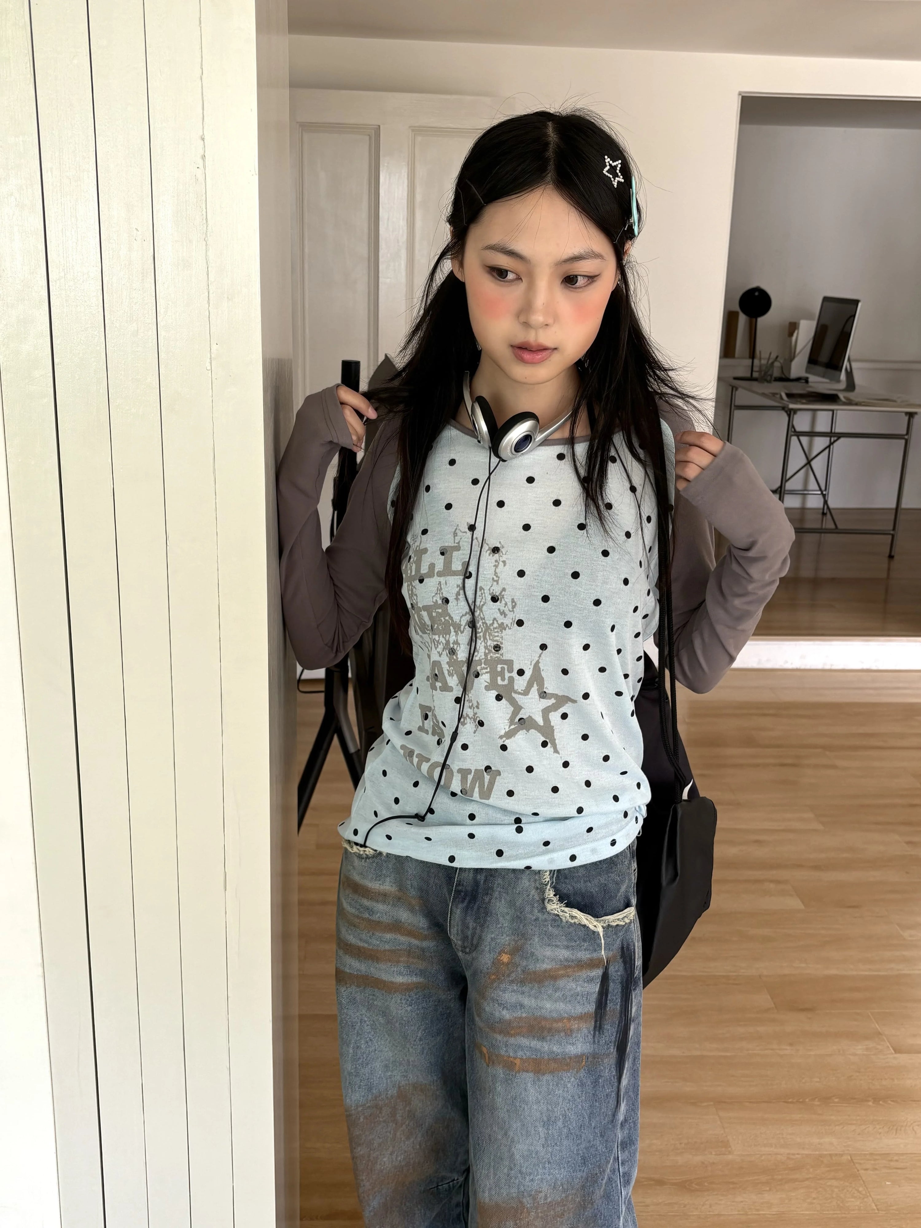 Polka Dot Letter Print Fake Layered Fitted Long Sleeve T-Shirt