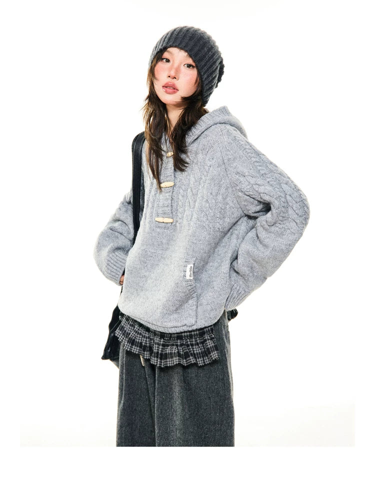 Hooded Toggle-Front Knit Sweater