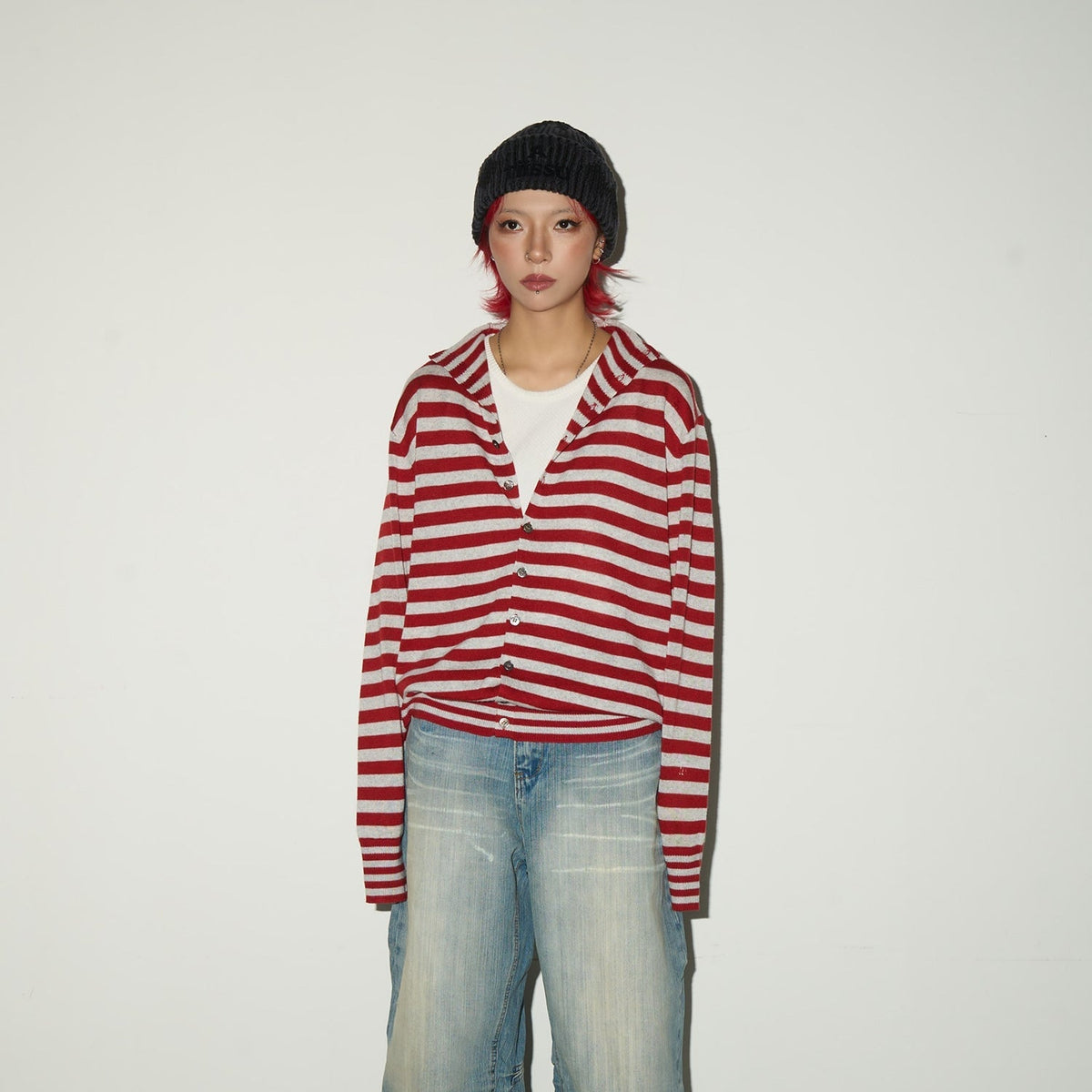 Contrast Stripe Wool Knit High-Neck Cardigan