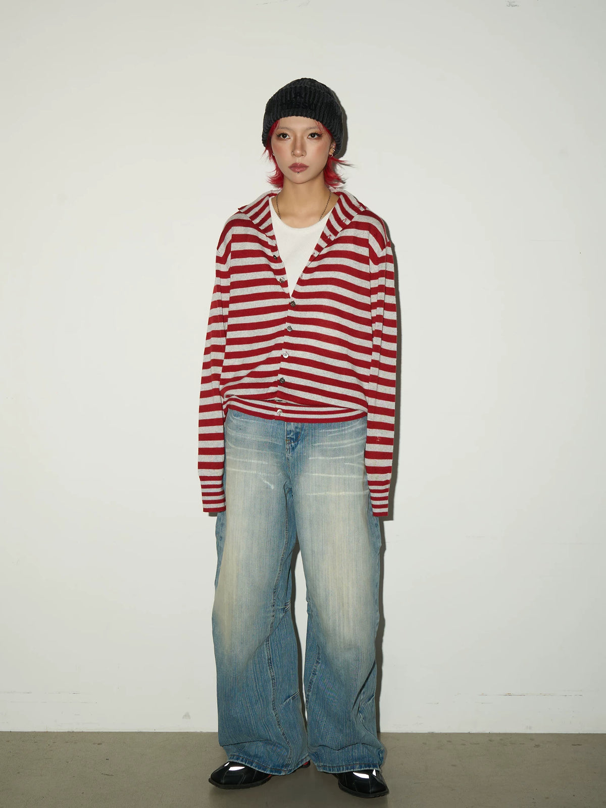 Contrast Stripe Wool Knit High-Neck Cardigan