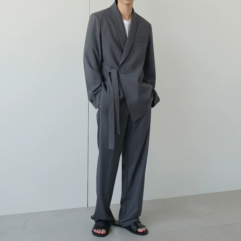 Oversize Belted Tailored Jacket & Wide-Leg Trousers Setup