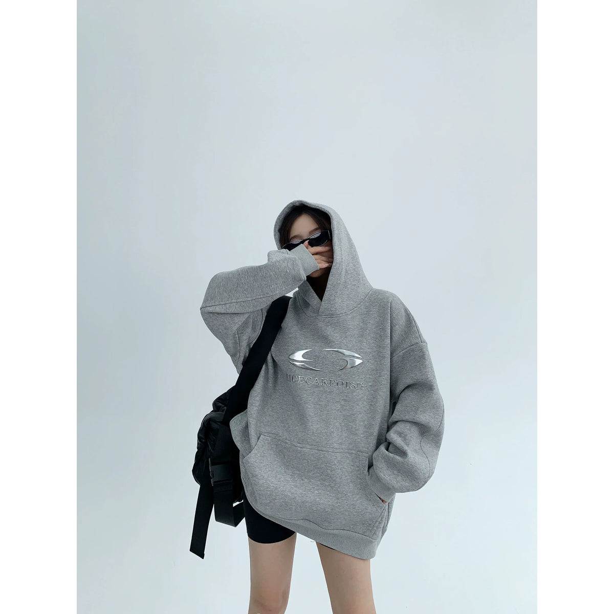 Silver Logo Print Oversized Hoodie