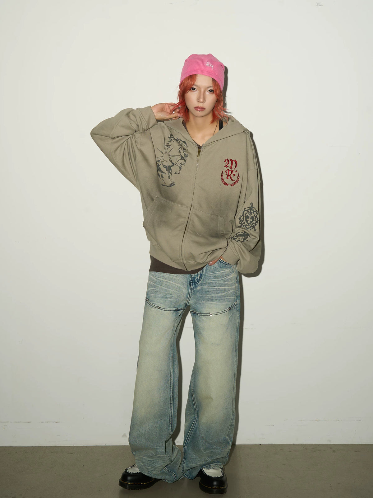 Embroidery Damage Zipper Hoodie