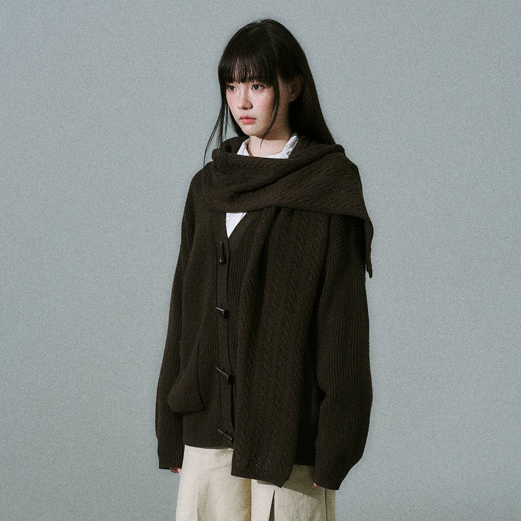 Hooded Horn Button Fleece Lining Knit Cardigan