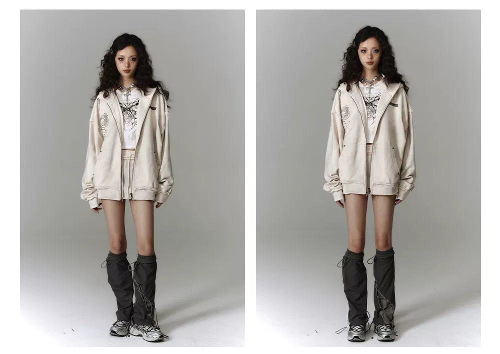 Washed Damage Oversize Zipper Hoodie & Short Skirt Setup