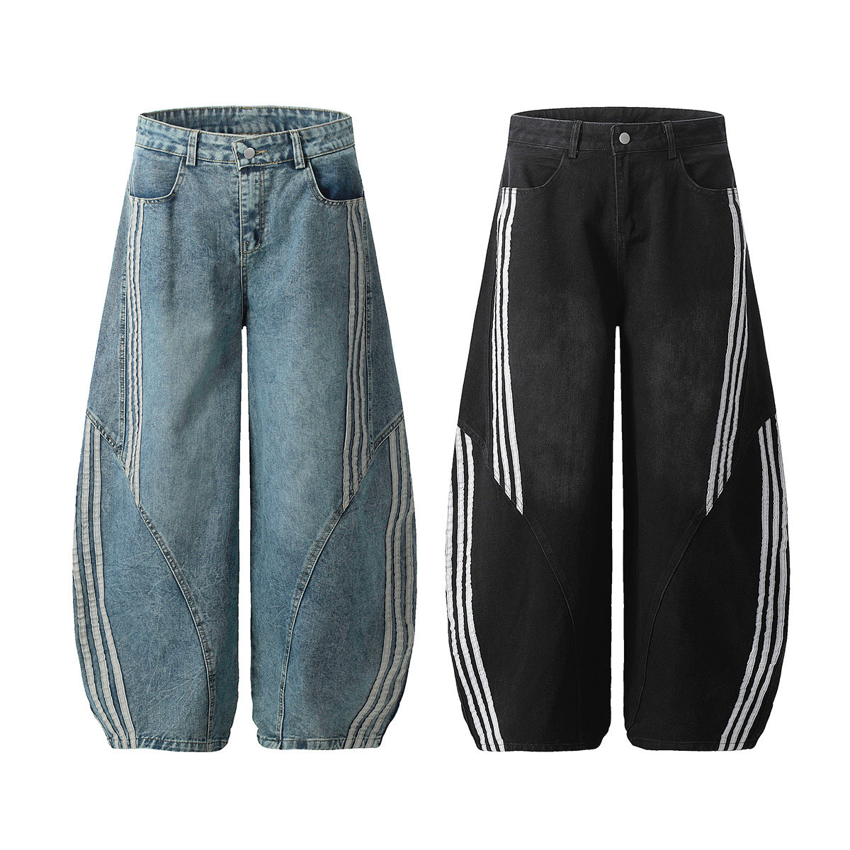Washed Triple Stripe Panel Design Wide Leg Denim Jeans