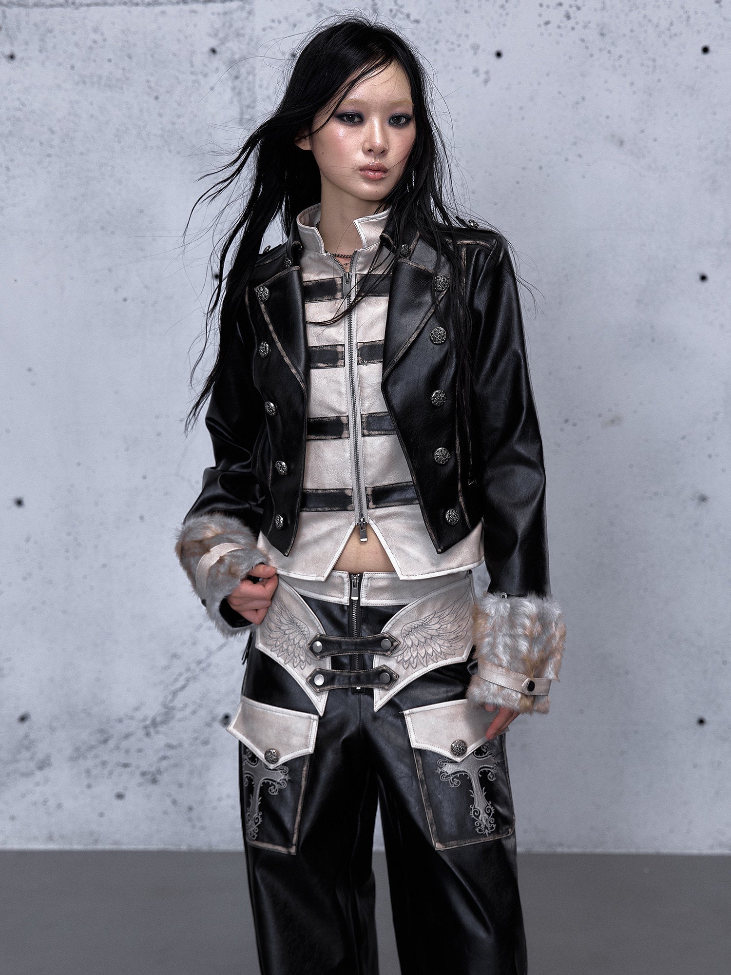 Standing-Collar Belt Detail Fake Fur Cuff PU Leather Jacket