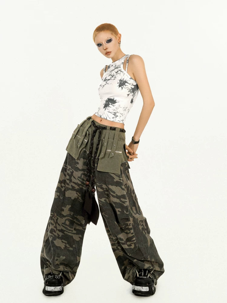 Heavy Craft Camouflage Multi-Pocket Wide Leg Cargo Pants