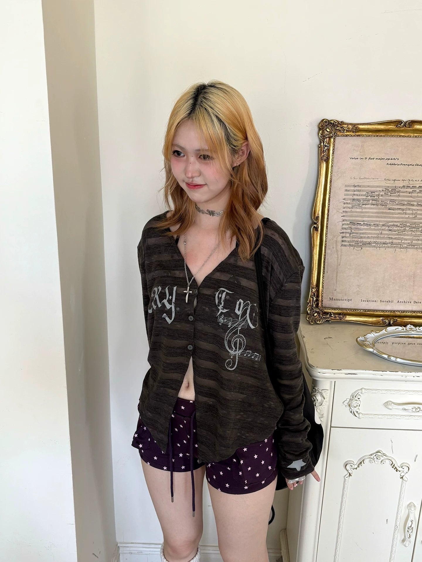 Striped Note Print Star Print Cardigan