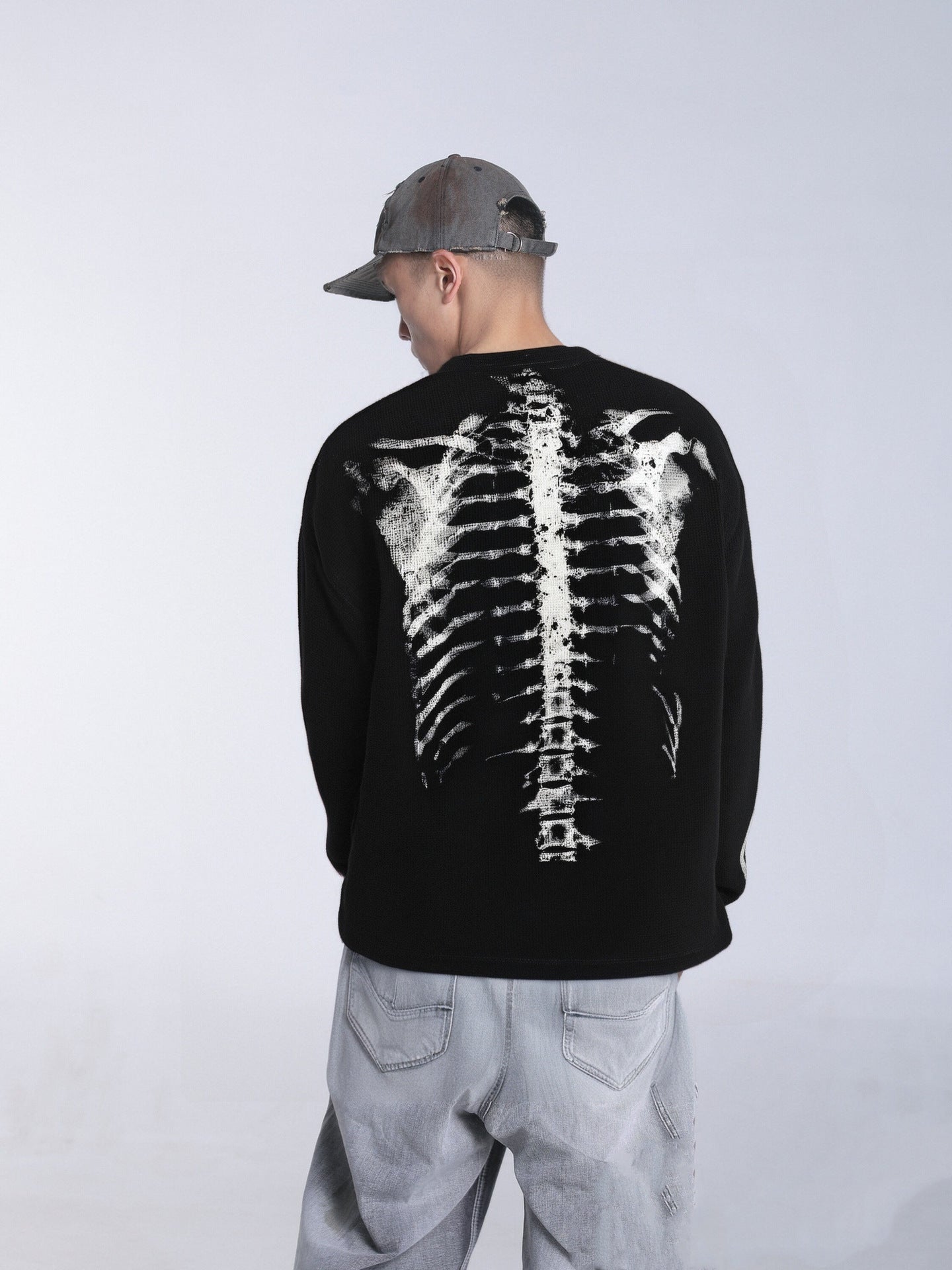 Skeleton Print Waffle Long Sleeve T-Shirt