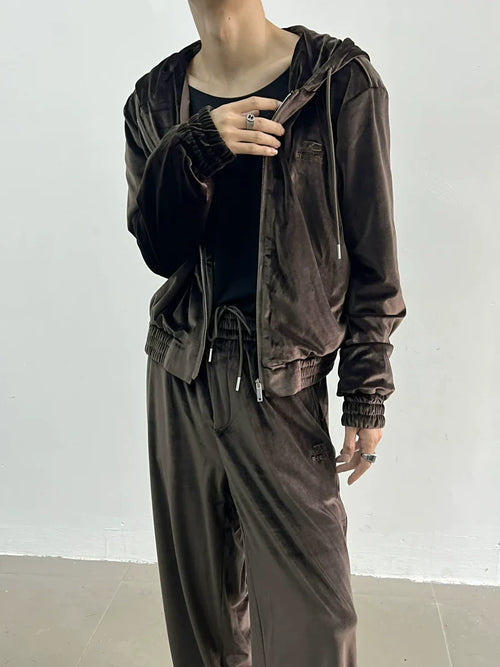 Conjunto de Moletom com Zíper e Calça Wide-leg de Veludo Cotelê - marrom / S / principal