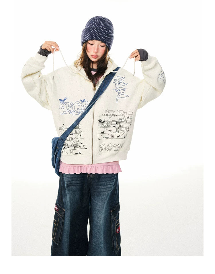 Graphic Print Oversize Zipper Hoodie