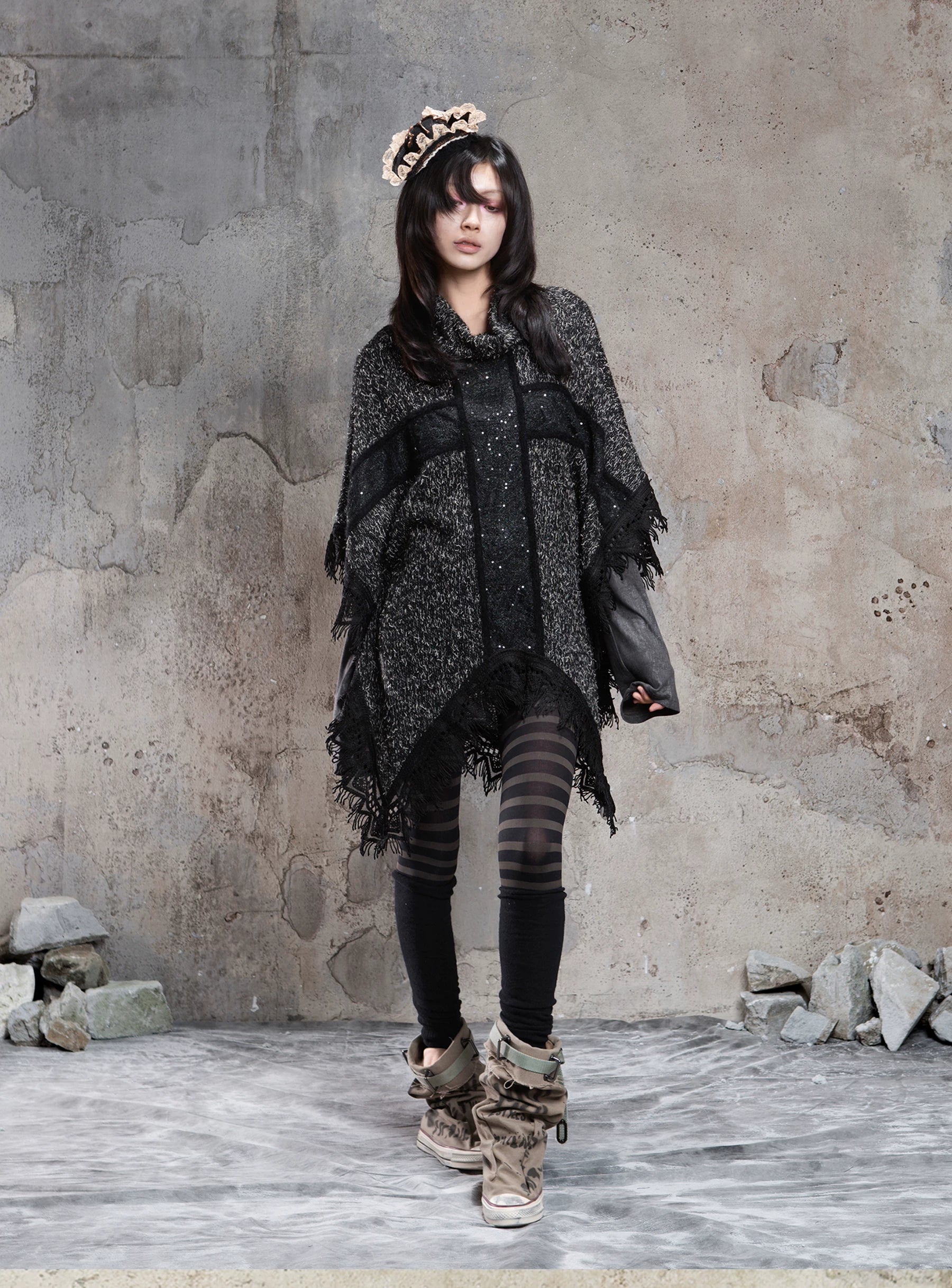 Punk Cross Cape Asymmetric Fringe Knit Sweater
