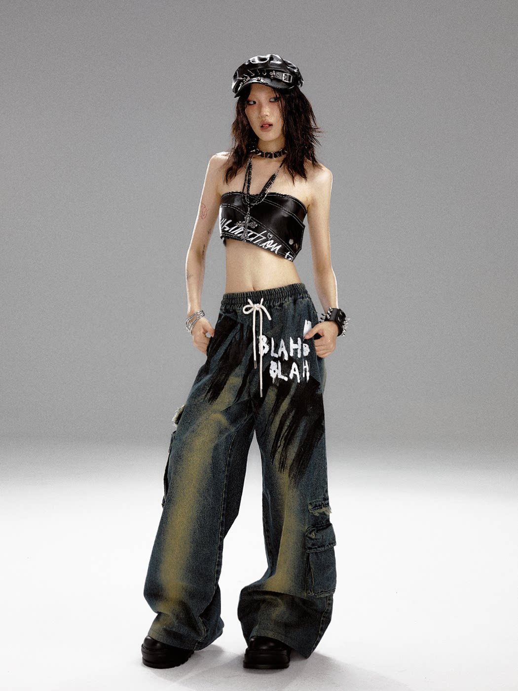 Washed Graffiti Wide-Leg Straight Dnim Jeans