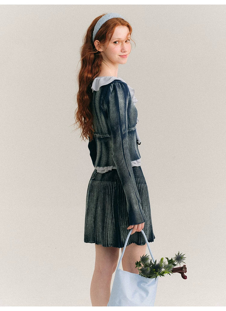 Frill Knit Cardigan & Short Rib Knit Skirt Setup