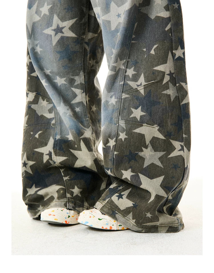 Star Print Damage Wide Leg Denim Jeans