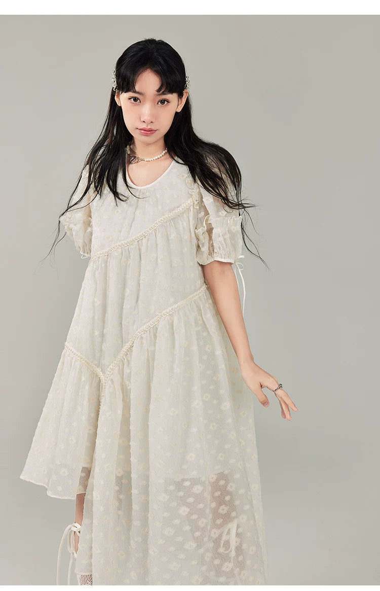 Jacquard Design Short Sleeve Dress With Irregular Hem Length