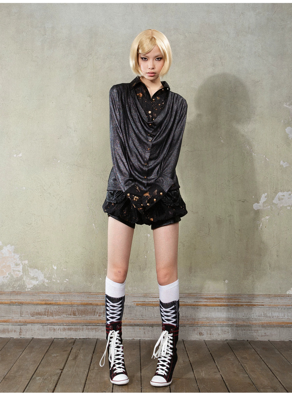 V-Neck Fake Layered Patchwork Long Sleeve Shirt