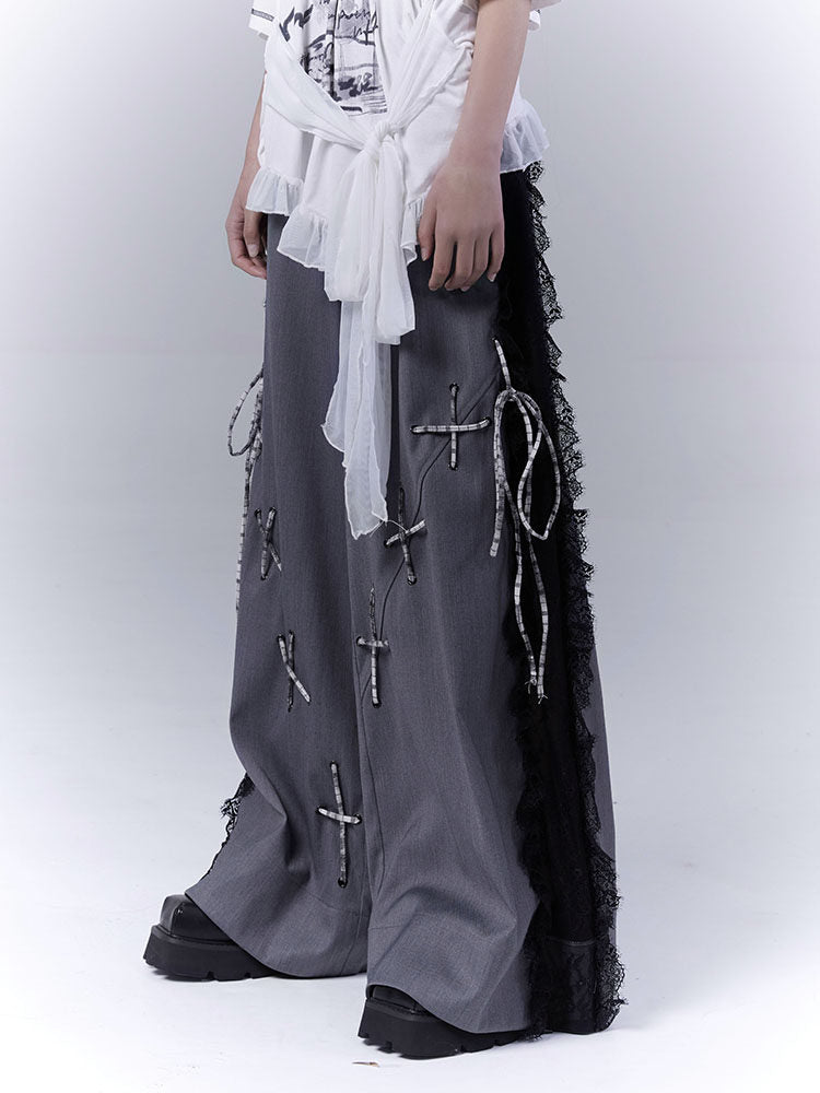 Design Lace Patchwork Tie Detail Drapey Trousers
