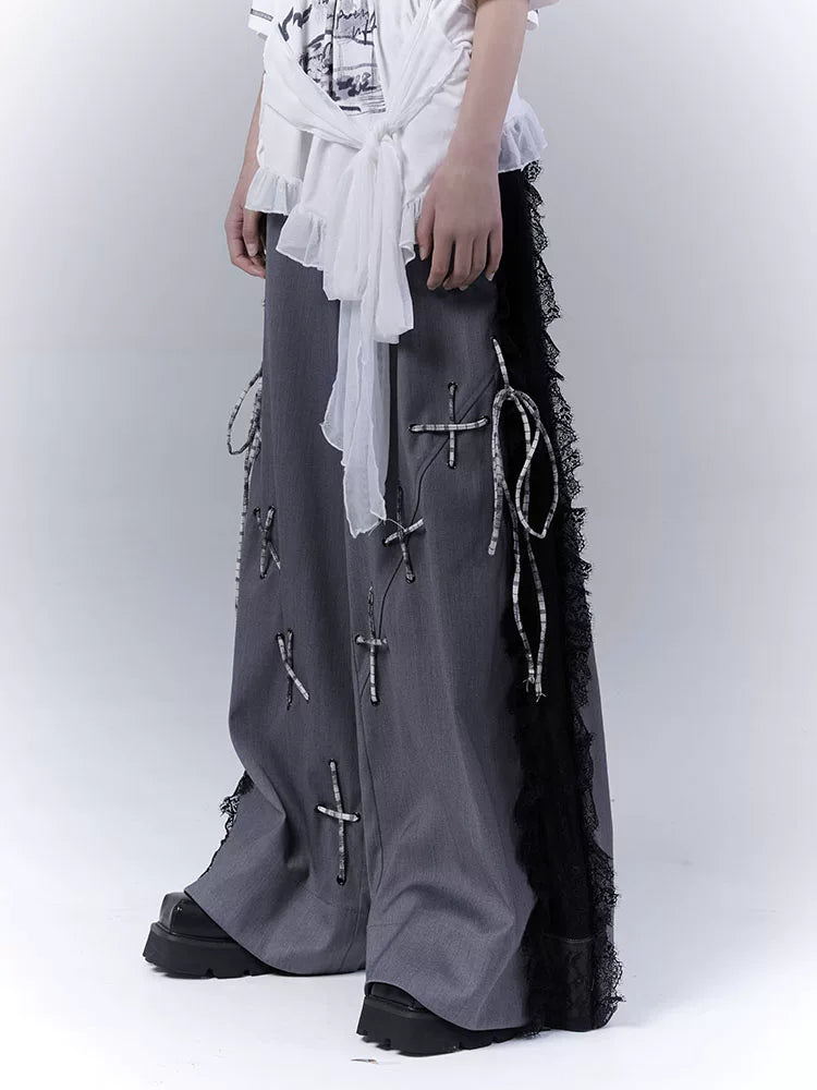 Design Lace Patchwork Tie Detail Drapey Trousers