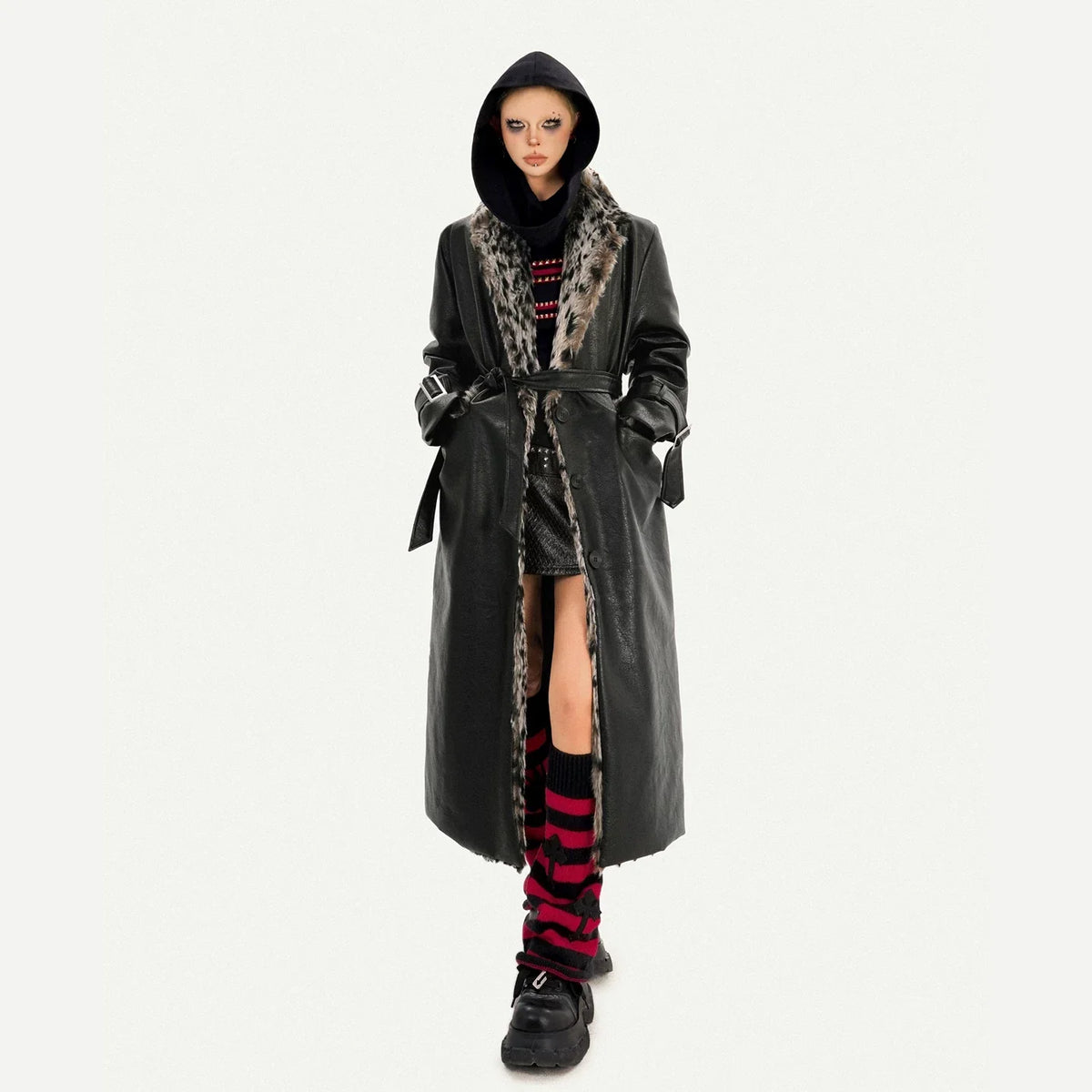 Leopard Print Fake Fur Collar Oversize Coat