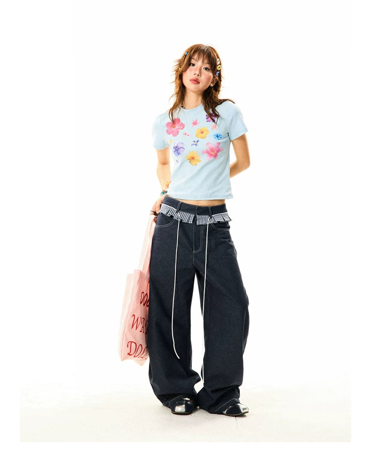 Flower Print Cropped Short Sleeve T-Shirt