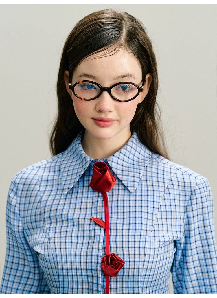 Handmade Rose Plaid Long Sleeve Shirt & Short Pleated Skirt Setup