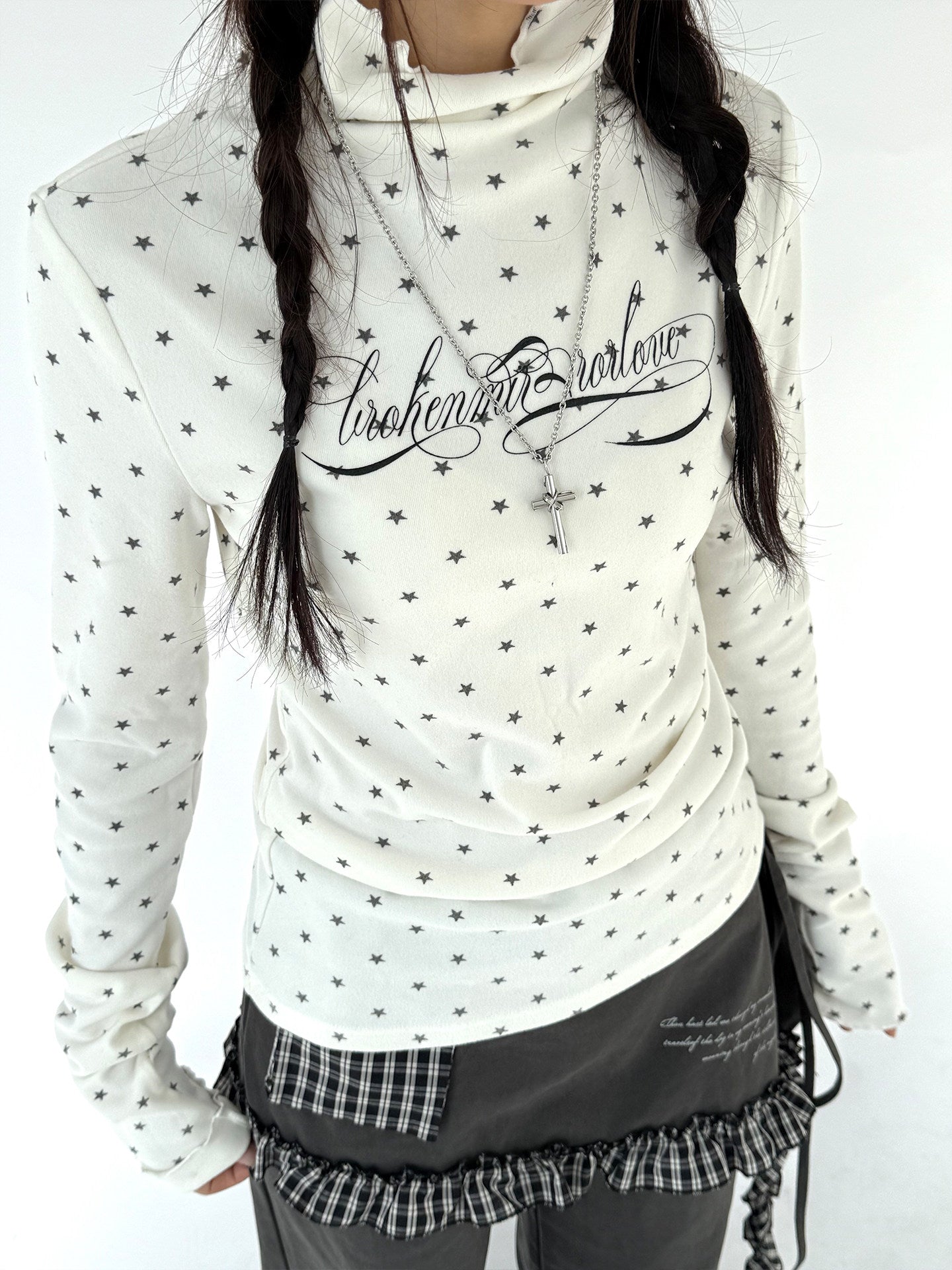 Polka Dot Print High-Neck Long Sleeve T-Shirt
