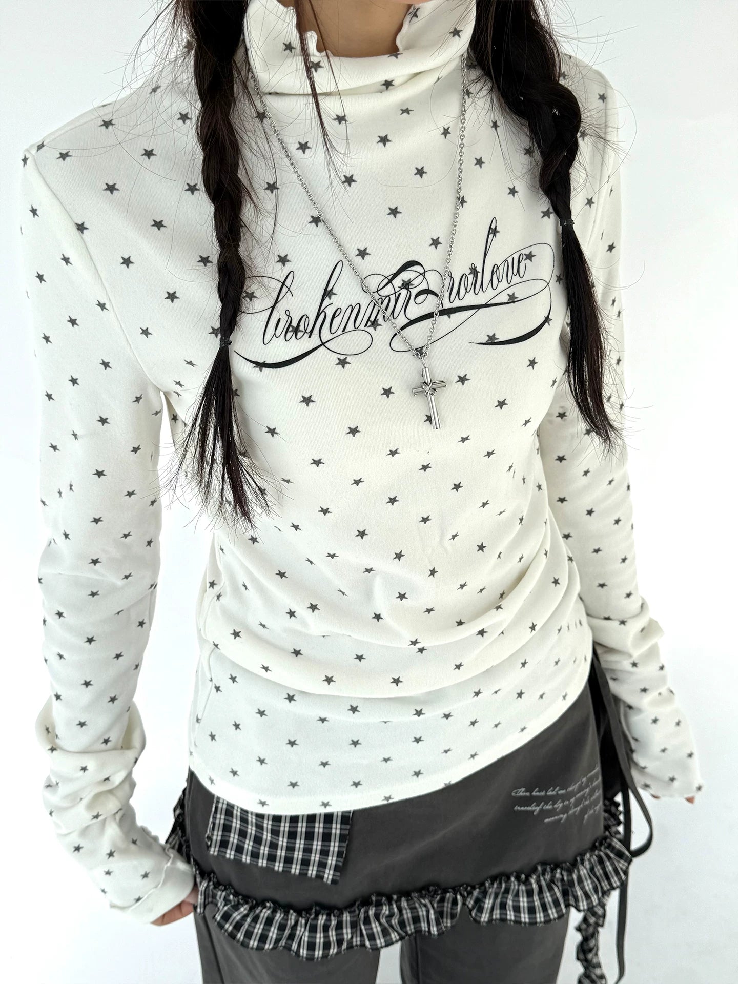 Polka Dot Print High-Neck Long Sleeve T-Shirt