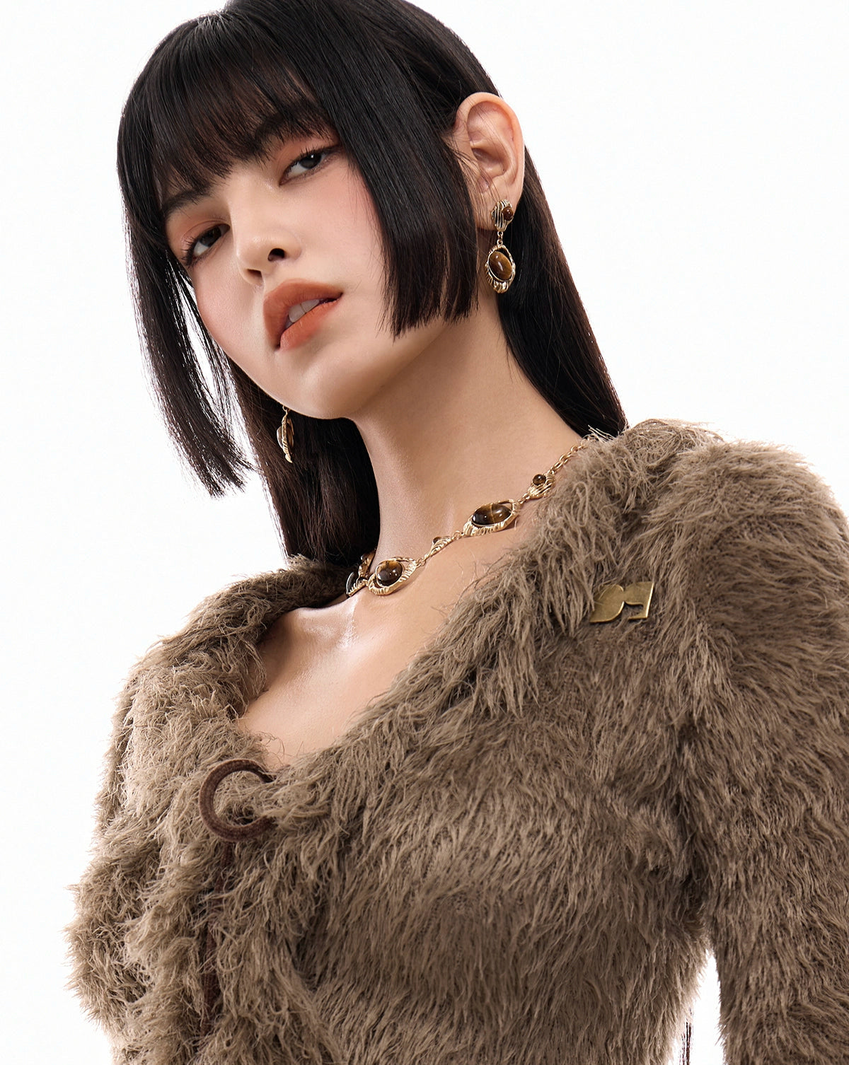 SUMIYAKI vintage Yadan style tiger's eye necklace exaggerated button clavicle chain