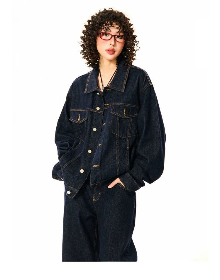 Button Oversize Denim Jacket & Wide Leg Denim Jeans Setup