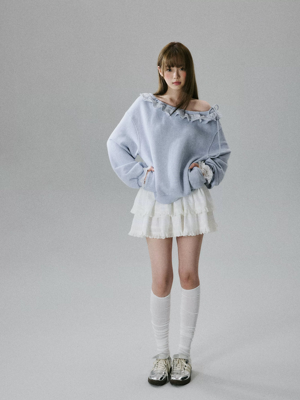 Off-Shoulder Lace Trim Sweatshirt
